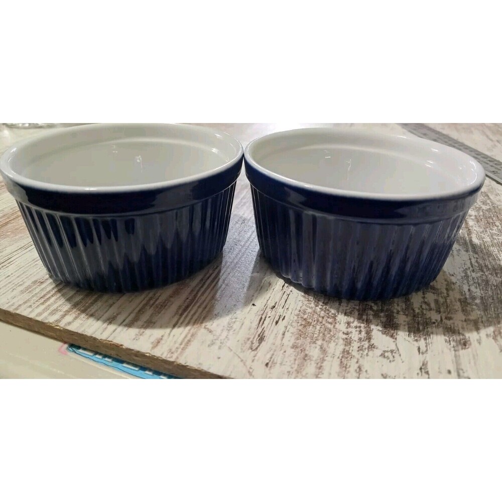 Porcelain Mini Baking Ice Cream Dishes Snack Bowls Ramekins Blue Portugal Vtg